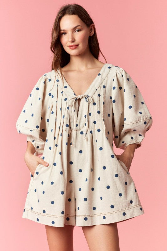 Sweet Denim Polka Dot Romper Oat & Navy LAST RESTOCK