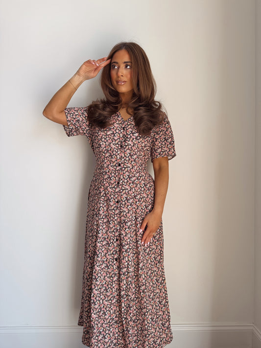 Vintage Floral Tie Midi Dress
