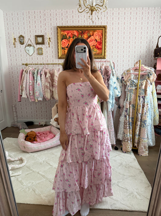 Pink ruffled midi dress stretchy smocked back small