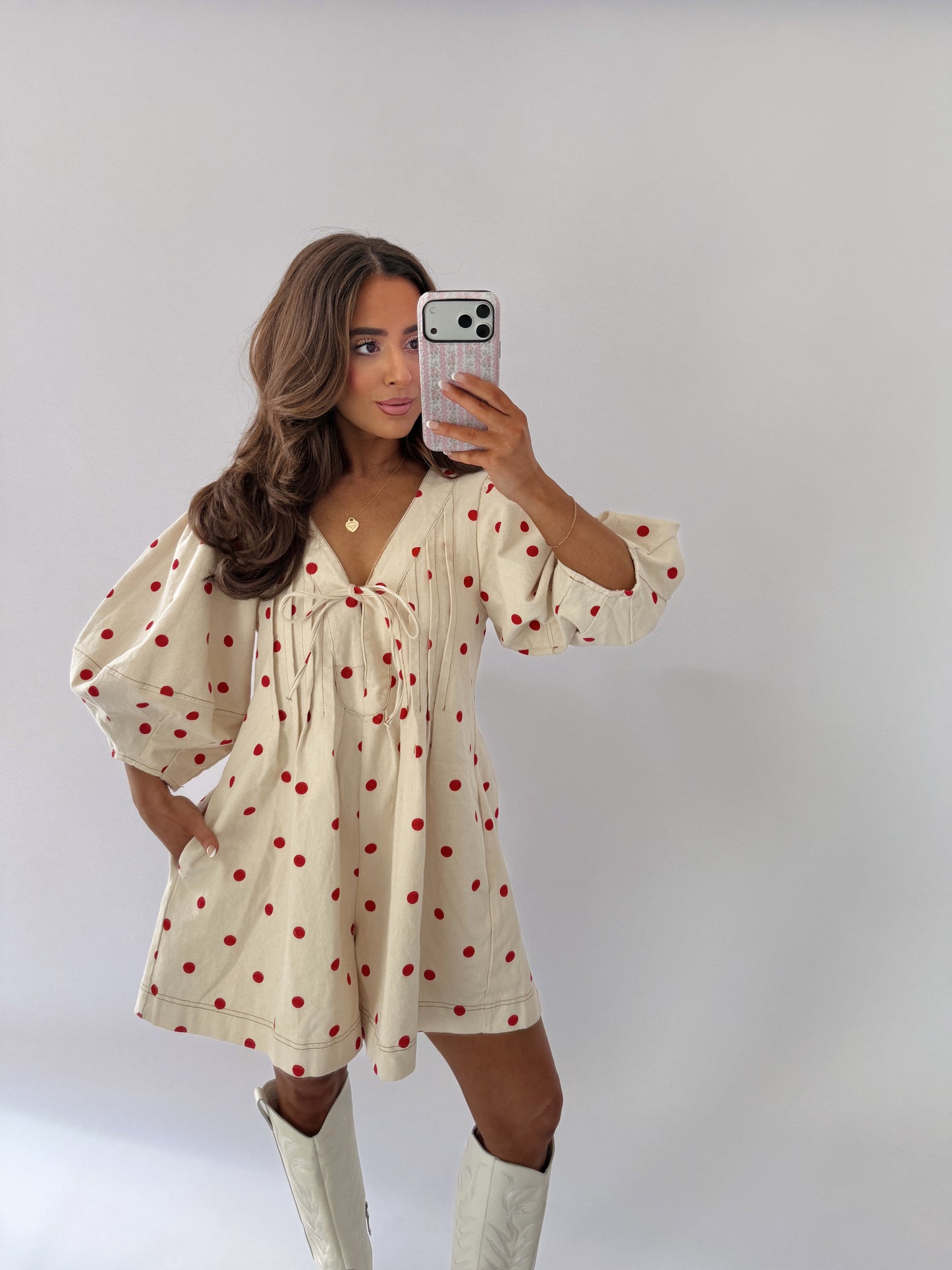 Sweet Denim Polka Dot Romper Oat & Red