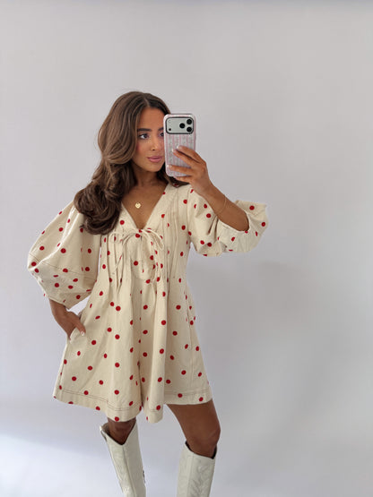 Sweet Denim Polka Dot Romper Oat & Red