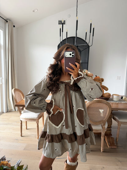 Harvest Hearts Mini Dress (mocha Gingham)
