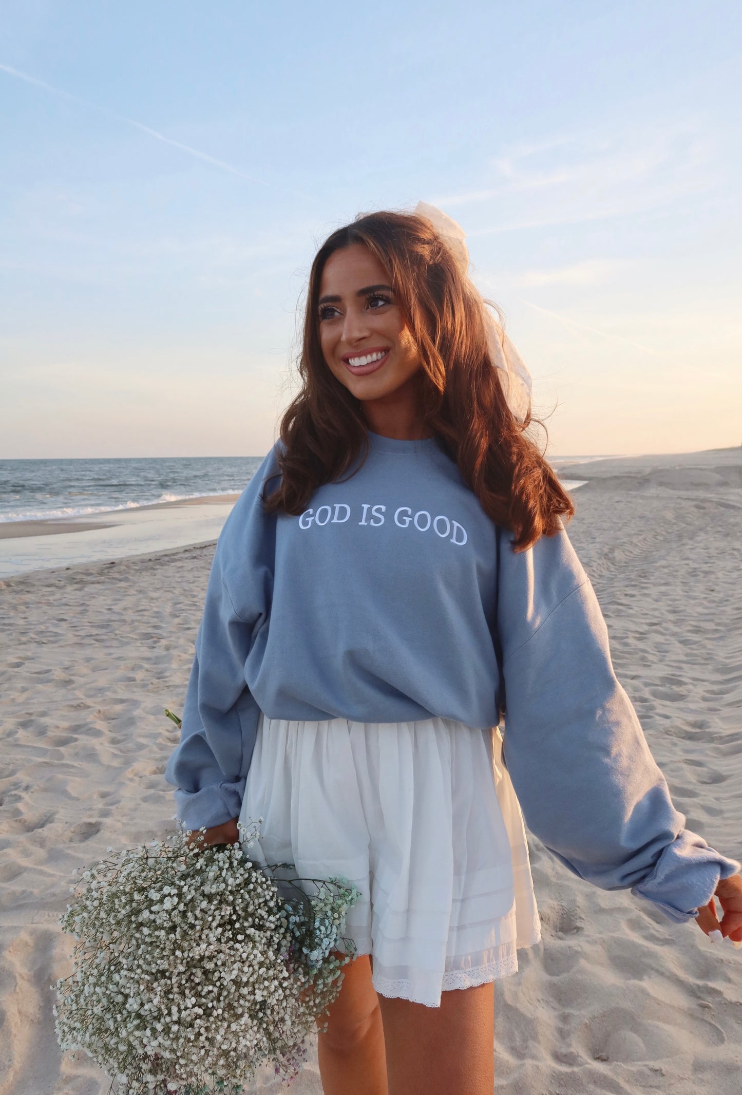 God is Good embroidered crew (dusty blue)