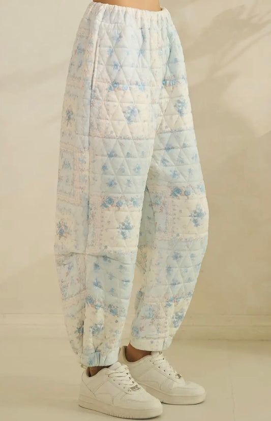 Belle Blue Rose Floral Quilted Joggers