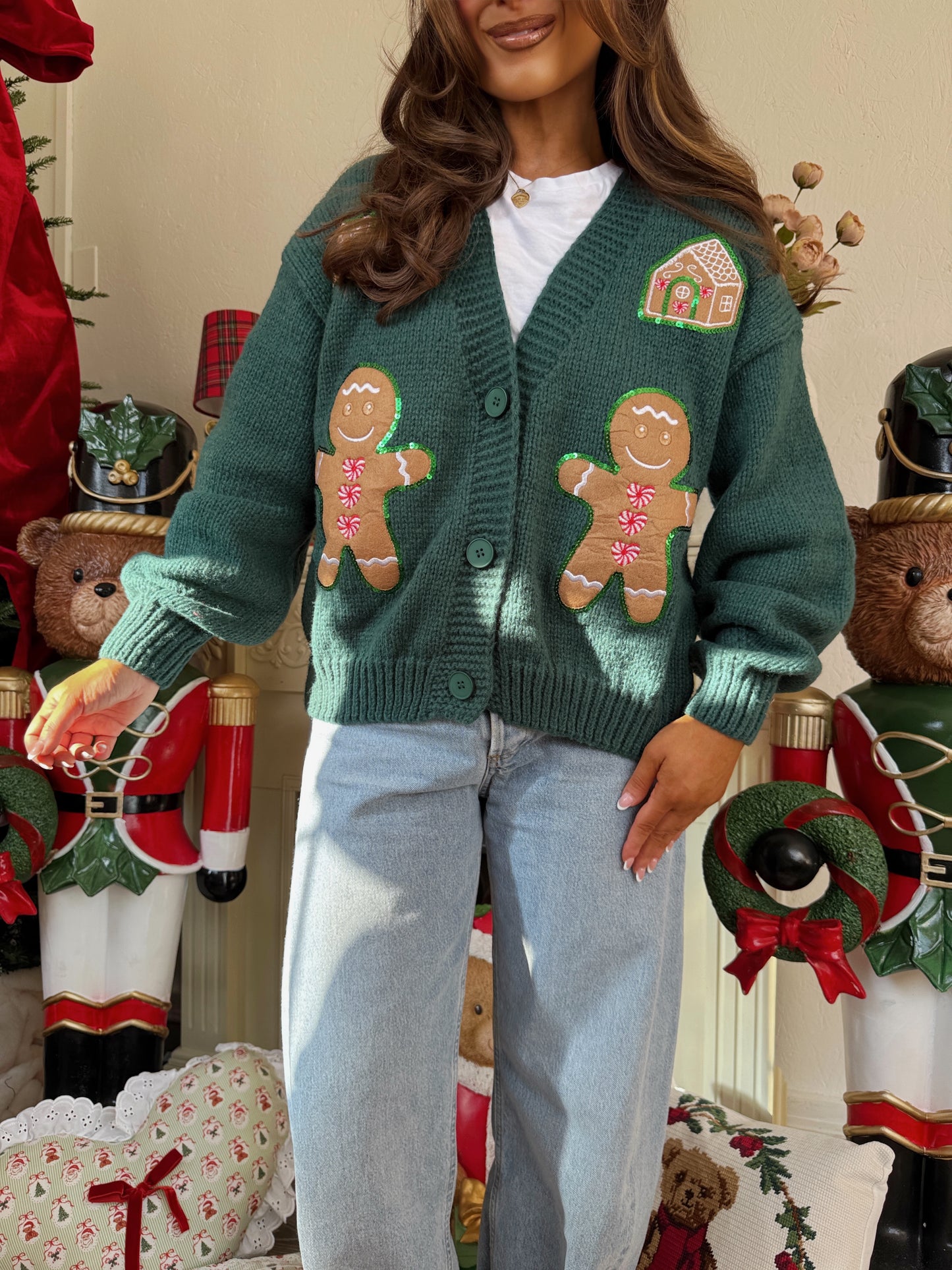 Christnas Cuddle Gingerbread Cozy Cardigan (Hunter Green)