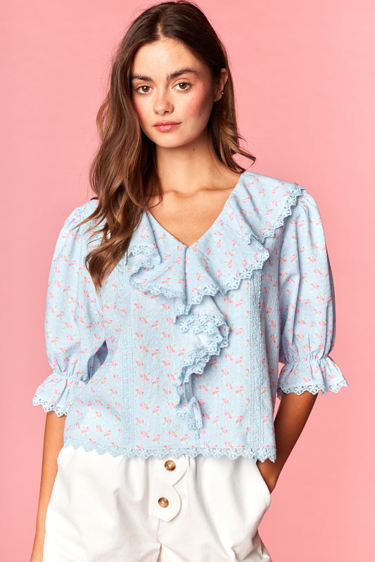 Floral Ruffled Blouse (baby blue)