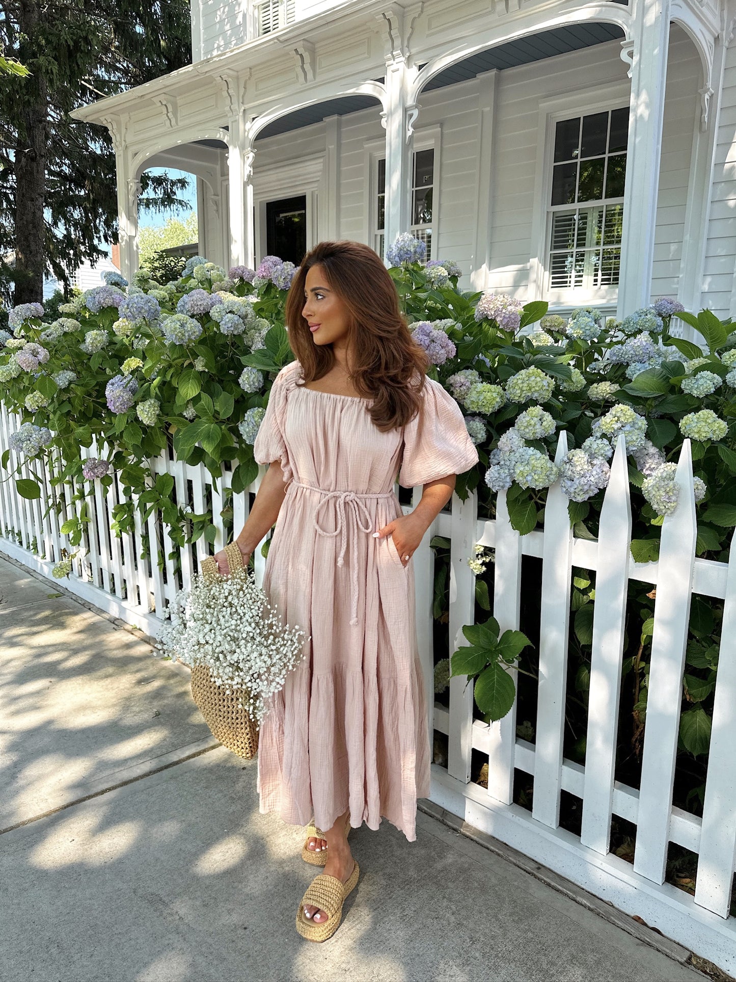 Gauze Puff Sleeve Knot Midi Dress