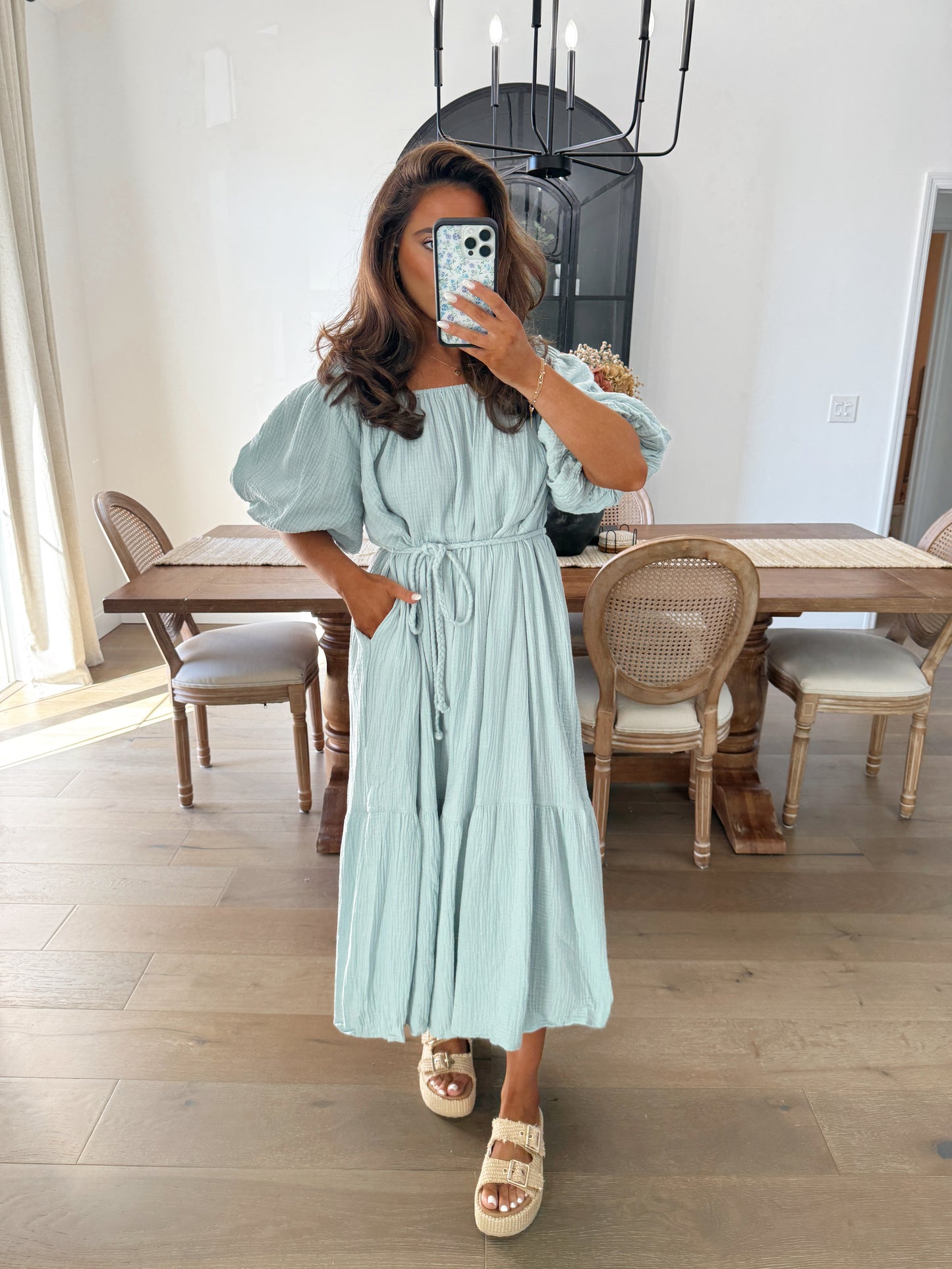 Gauze Puff Sleeve Knot Midi Dress