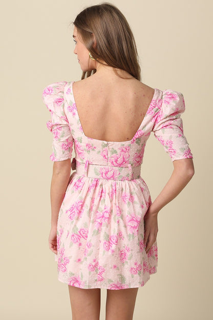 Pink Palm Belted Puff Sleeve Mini Dress