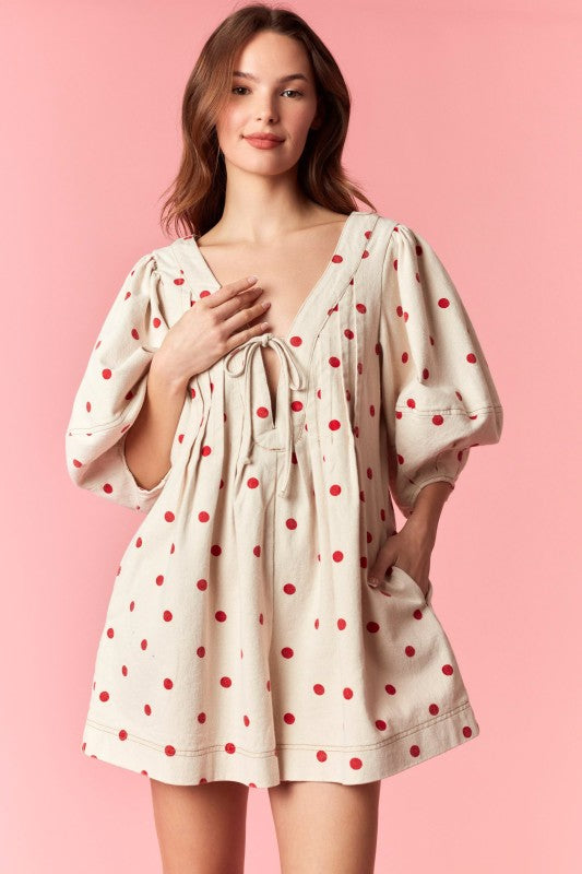 Sweet Denim Polka Dot Romper Oat & Red