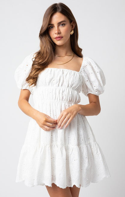 Lovely Day White Eyelet Puff Sleeve Dress