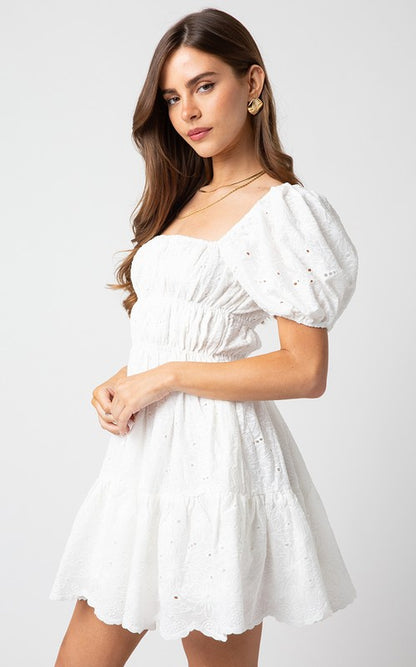 Lovely Day White Eyelet Puff Sleeve Dress