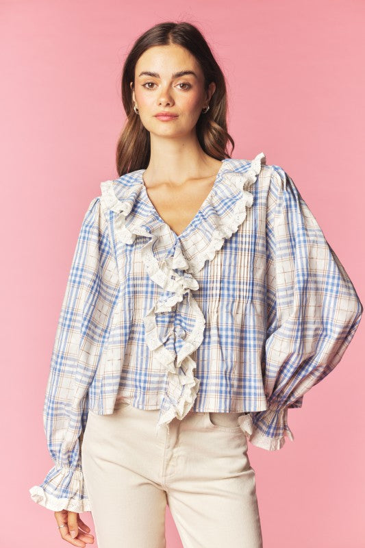 Denim & Lace 100% Cotton Plaid Top