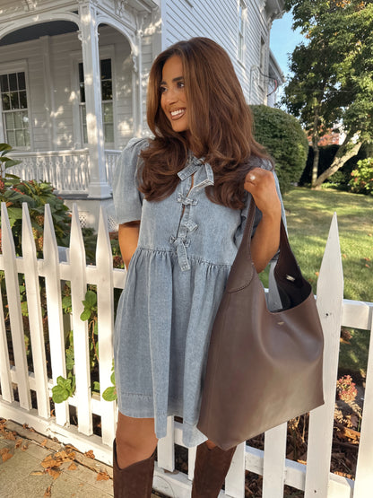 Denim Ties Puff Sleeve Dress 🤍