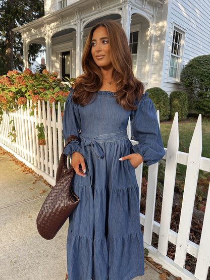 denim off shoulder dress Ms. Parker Off the Shoulder Denim Dress