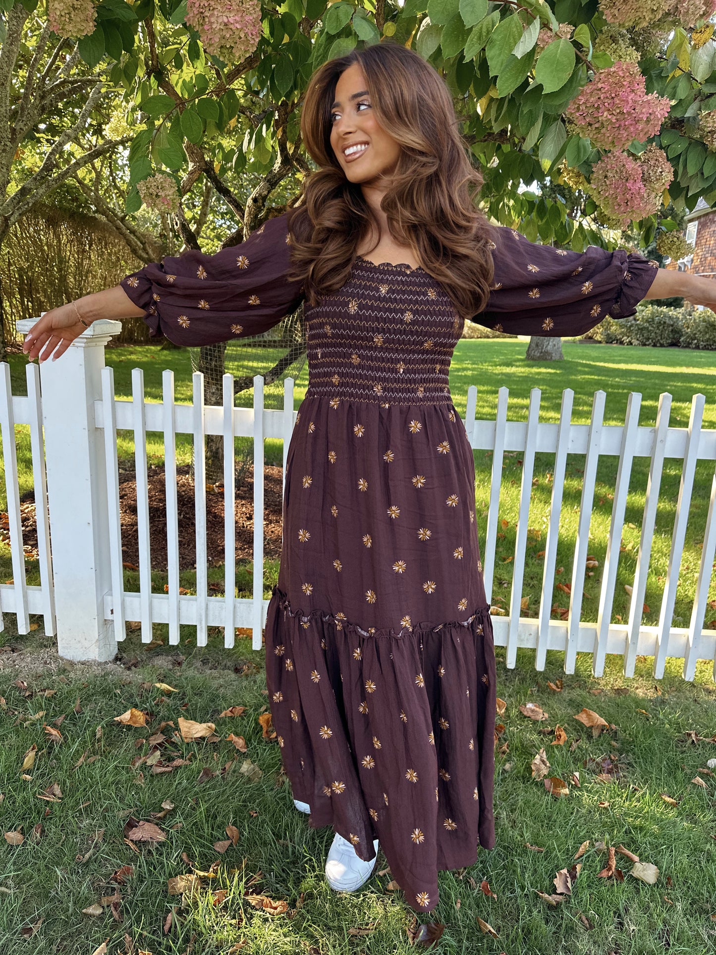 Caramel Apple Floral Puff Sleeve Midi Dress