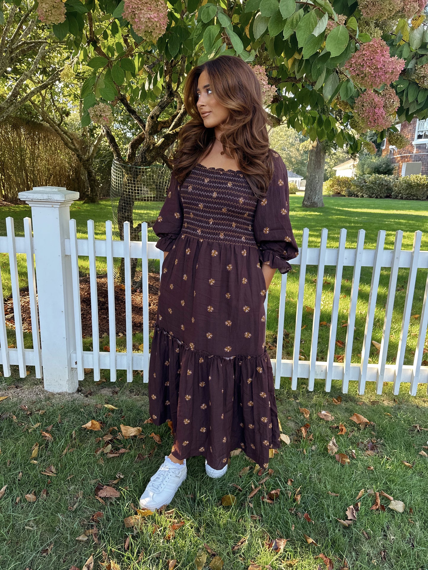 Caramel Apple Floral Puff Sleeve Midi Dress