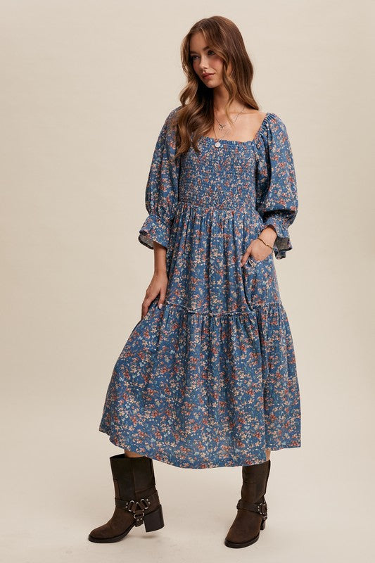 Cider Floral Puff Sleeve Midi Dress