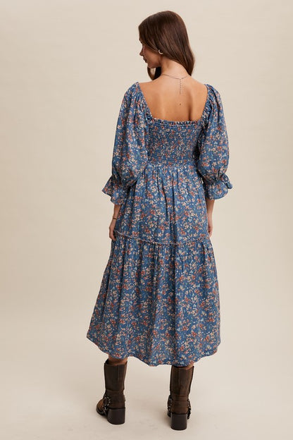 Cider Floral Puff Sleeve Midi Dress