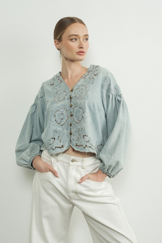 Denim Eyelet Twirl Vintage Top