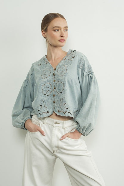 Denim Eyelet Twirl Vintage Top