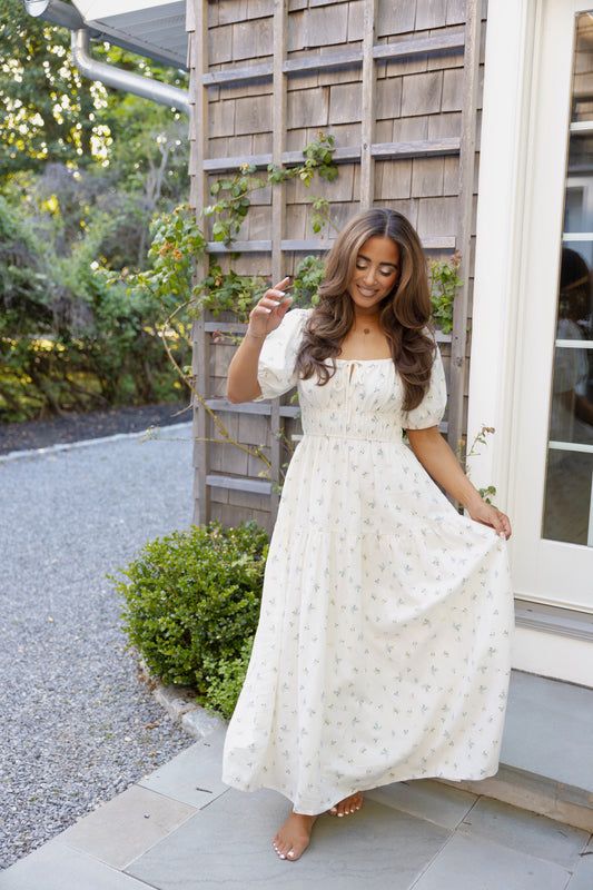 Hamptons Cottage Shabby Chic Floral Puff Sleeve MIDI