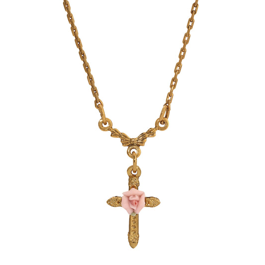 Bloom In Grace Pink Porcelain Rose Cross Pendant Necklace 16" + 3" Extension