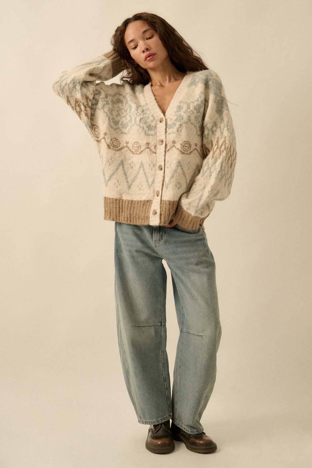 Hearts Aglow Brushed Alpine-Knit Button-Front Cardigan