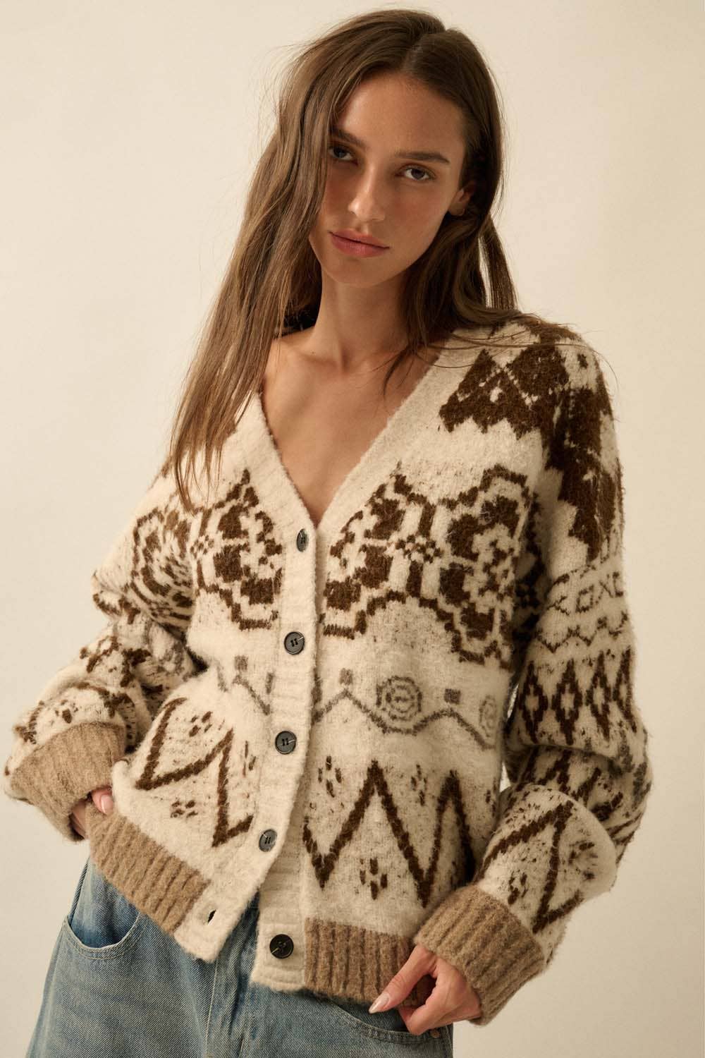 Hearts Aglow Brushed Alpine-Knit Button-Front Cardigan