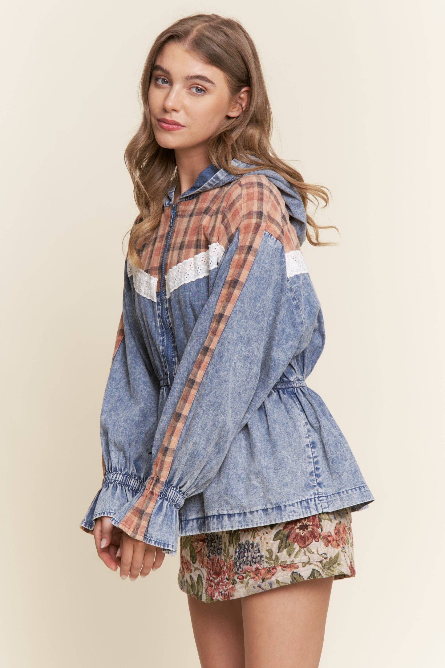 Mixed Media Denim Zip-Up Hoodie