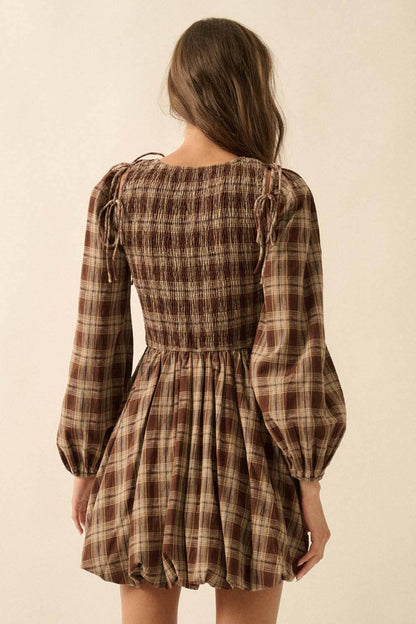 Pumpkin Butter Plaid Puff Mini Dress (Caramel) PRE ORDER 10/6