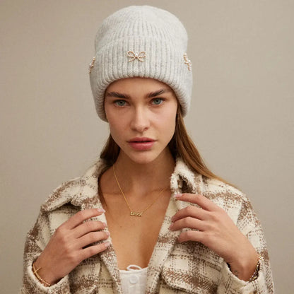 Pearl & Bow Ribbed Hat PINK