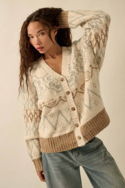 Hearts Aglow Brushed Alpine-Knit Button-Front Cardigan