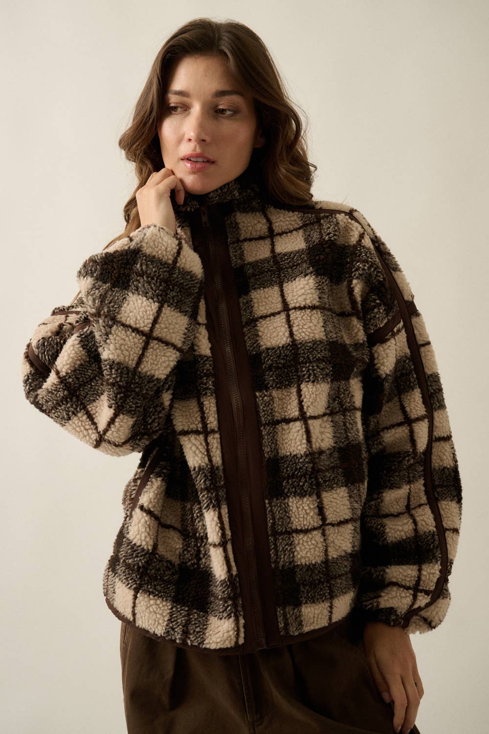 Plaid-Print Sherpa Fleece Zip-Up Collared Pocket Jacket no restocks