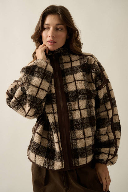 Plaid-Print Sherpa Fleece Zip-Up Collared Pocket Jacket no restocks