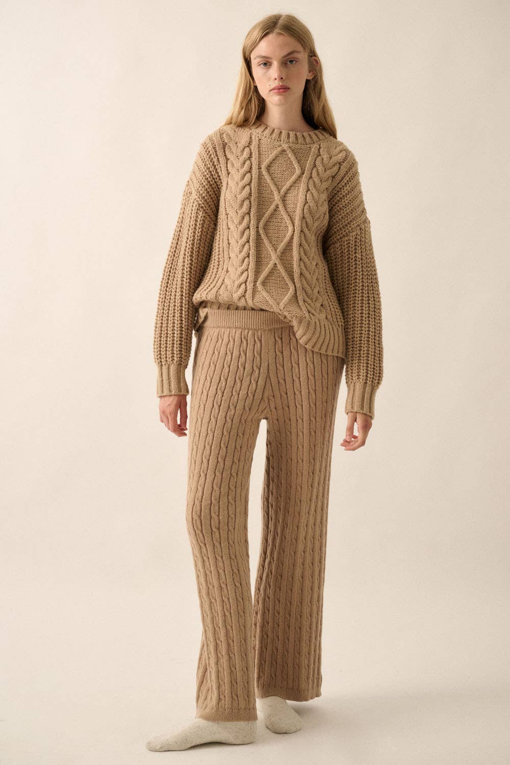 Cozy Cabin Cable Knit Wide-Leg Sweater Pants