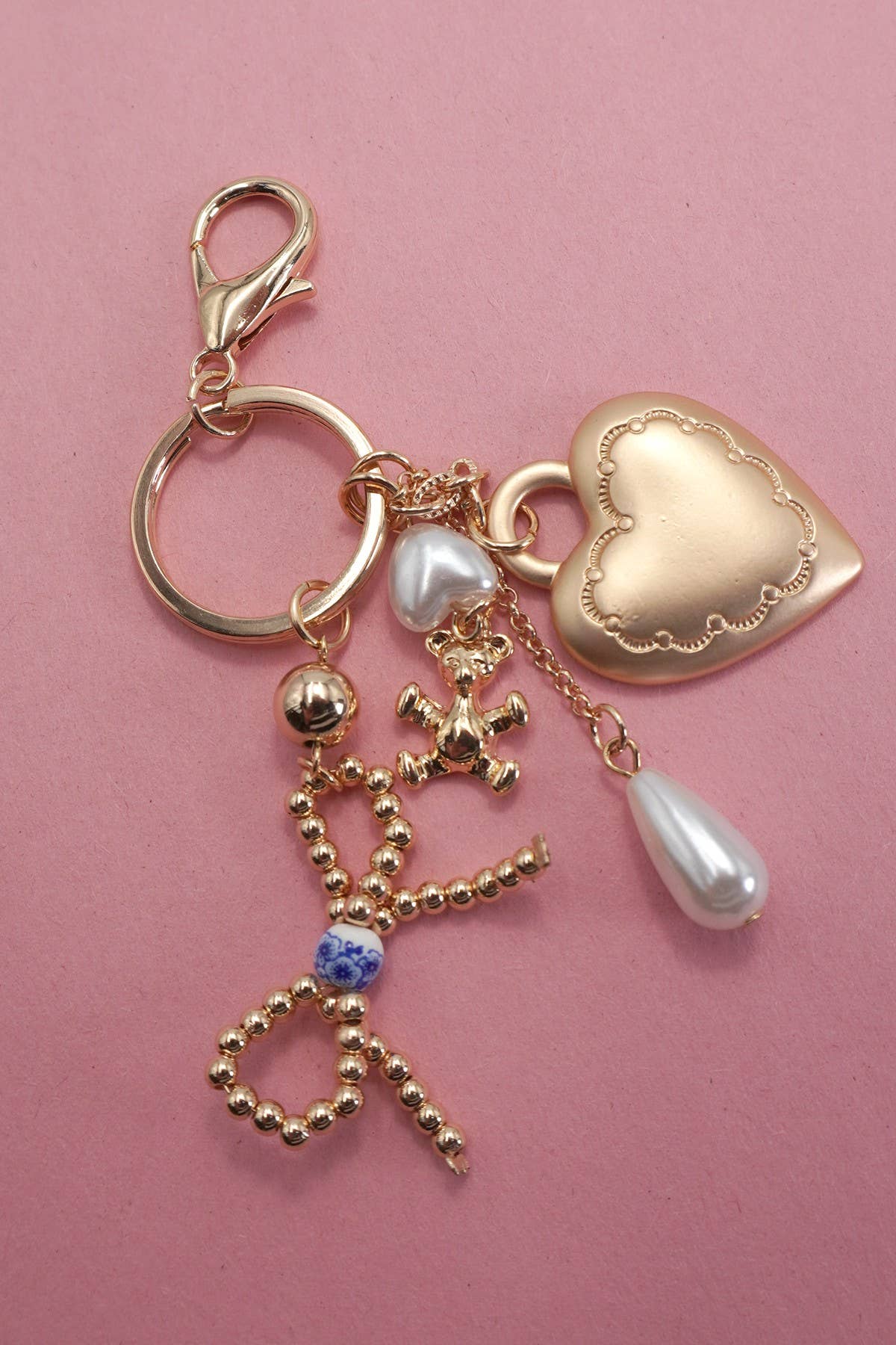 PORCELAIN BOW HEART TEDDY BEAR PEARL BAG CHARM