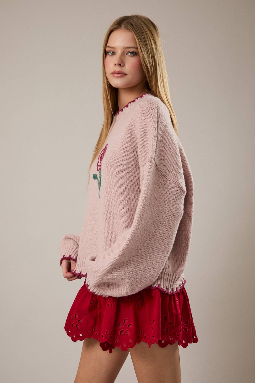 Tale As Old As Time ROSE STITCHING OVERSIZED SWEATER