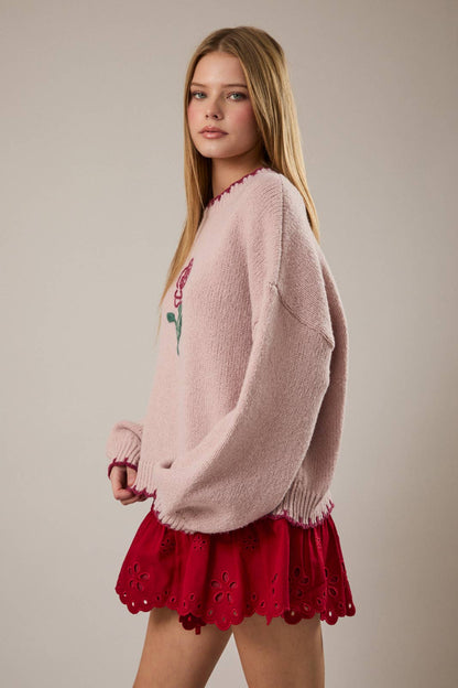 Tale As Old As Time ROSE STITCHING OVERSIZED SWEATER