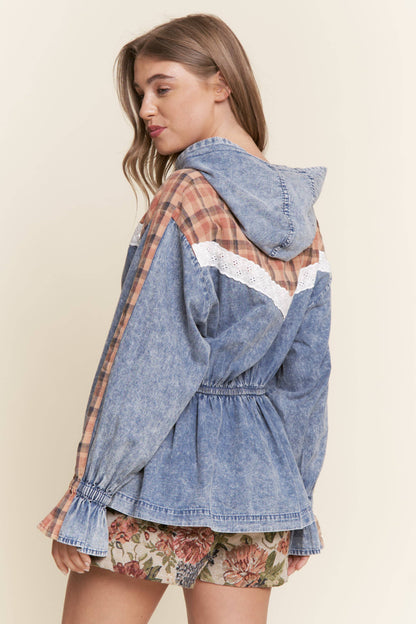 Mixed Media Denim Zip-Up Hoodie
