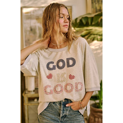 GOD IS GOOD PATCHWORK SHORT SLEEVE SWEATSHIRT TOP)