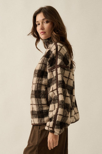 Plaid-Print Sherpa Fleece Zip-Up Collared Pocket Jacket no restocks