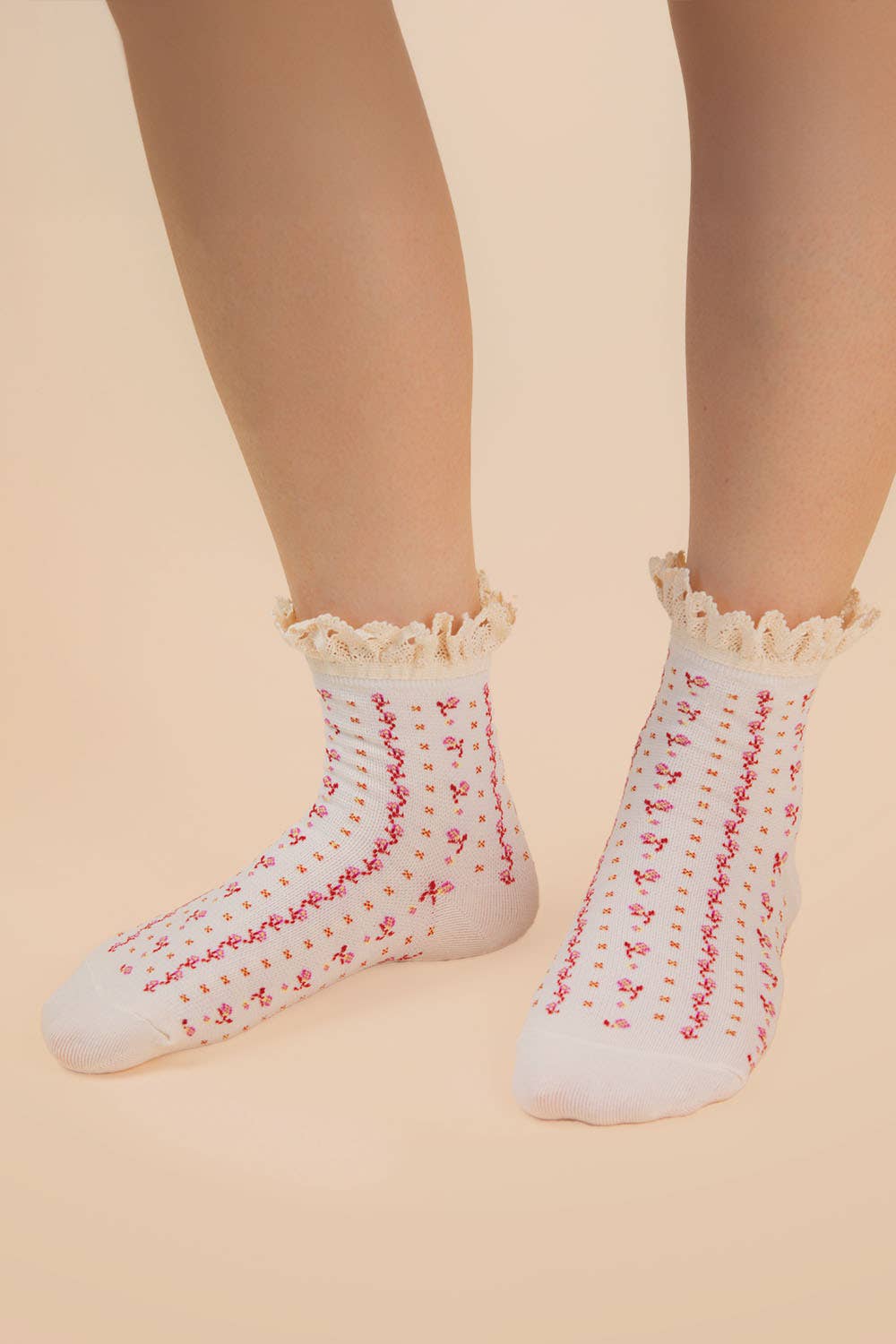 Lace Trim Detail Floral Printed Crew Socks
