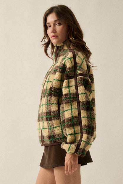 Plaid-Print Sherpa Fleece Zip-Up Collared Pocket Jacket no restocks