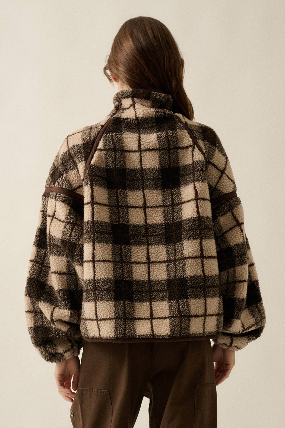 Plaid-Print Sherpa Fleece Zip-Up Collared Pocket Jacket no restocks