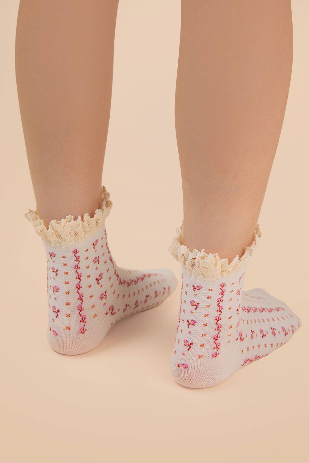 Lace Trim Detail Floral Printed Crew Socks