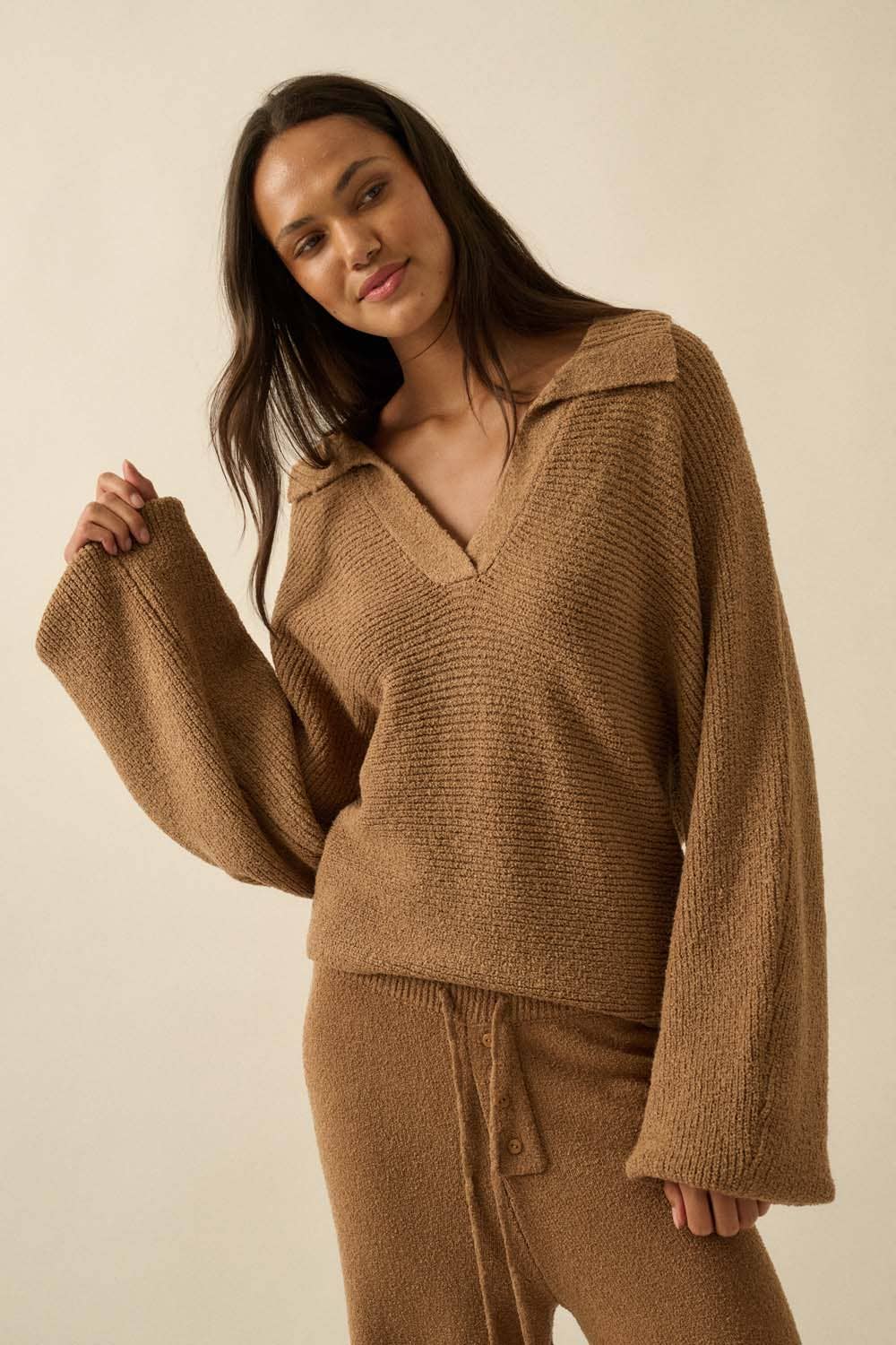 S’mores Ribbed Knit Split-Neck Collared Sweater