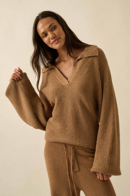 S’mores Ribbed Knit Split-Neck Collared Sweater