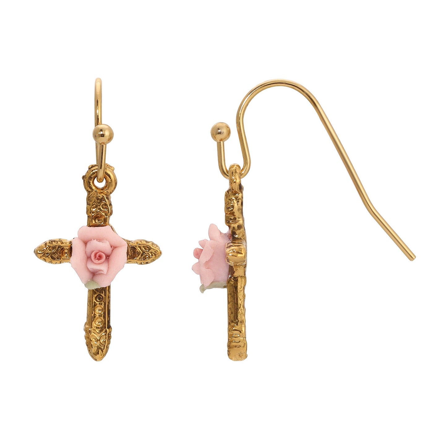 The Eve Cross & Pink Porcelain Rose Drop Earrings