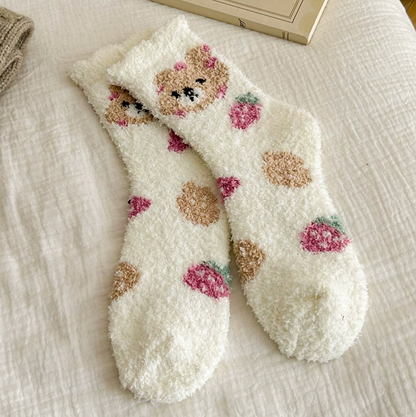 Assorted Fuzzy Cozy Bear Strawberry Socks for Women